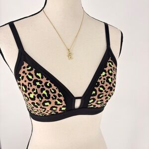 No Boundaries Leopard Print Bralette Black Trim Small S Neon Green Sexy